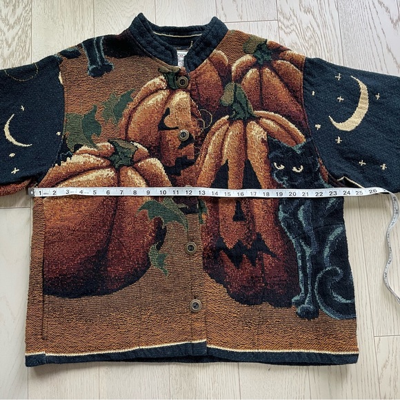 Vintage 90s Sugar Street Weavers Halloween Pumpkin Celestial Cat Tapestry Jacket - Picture 17 of 17